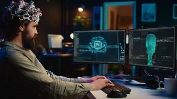 Developer using EEG headset device to upload his brain into computer, attaining immortality. Neuroscientist runs experiment, transfers consciousness into cyberspace, transhumanism concept, camera B photo