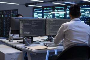 Technician using computer to troubleshoot hardware and software issues in server hub. IT expert implementing and maintaining server and network infrastructure in data center using PC photo
