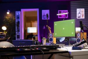 Creative office used for recording music and mixing with daw software, various electronic equipment and tools for mix and master performance. Empty home studio with mixing panel and amplifier. photo