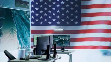 Empty operations center with an American flag working on national safety, armed forces protecting the country with anti terrorism tactics. Military control and command room headquarters. Camera A. photo