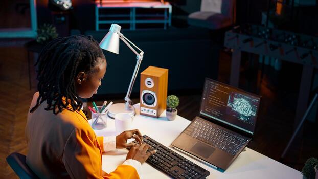 IT student works with artificial intelligence brain system on laptop, translating natural language to code. Girl using machine learning programming software, deep learning algorithms. Camera B. photo
