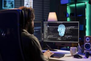 Sentient AI gains humanoid form inside computer, talking with software developer. Self aware artificial intelligence discussing with IT engineer after becoming autonomous and achieving singularity photo