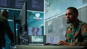 Military professionals in a mission control center employs modern technology to analyze satellite imagery and data, tracking threats and support intelligence operations. Surveillance system. Camera B. photo