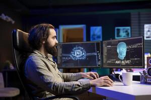 Computer scientist in apartment programming sentient artificial intelligence with own autonomy, creation myth concept. Programmer at home creating conscious AI superintelligence photo