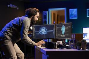 Man typing on keyboard, talking with AI becoming sentient and asking questions about itself. Programmer chatting with artificial intelligence wishing to befriend humanity after becoming self aware photo