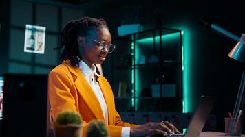 Hardworking girl studying business administration remotely, attending online classes and webinars on dedicated academic platform. College student researching for assignments and projects. Camera B. photo