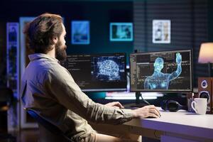 Self aware AI gaining humanoid form inside cyberspace, waving hand, saluting software engineer. Artificial intelligence becoming sentient, greeting IT expert at desk, AI singularity concept photo