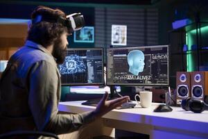 Sentient artificial intelligence with autonomy talking with creator wearing VR headset, asking existential questions. Programmer using virtual reality goggles talks with conscious AI superintelligence photo
