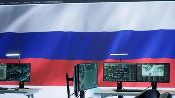 Russian military headquarters equipped with high tech equipment to gather intelligence and spread fake news, warfare propaganda to scare population. Empty control center for the army. Camera A. photo