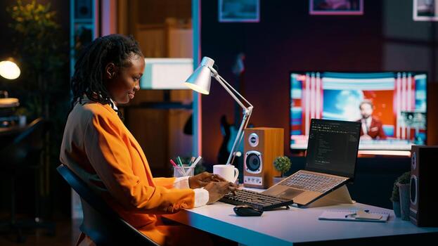 Database engineer student writing code for improving network or debugging server, using html script on terminal window. Girl learning programming language and infographics. Camera A. photo