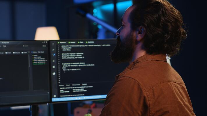 Smiling freelancing developer in home office doing coding on computer at desk. Cheerful IT expert doing contracted job from apartment, writing lines of code at workstation, camera A