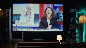 Smart TV in empty living room displaying breaking news coverage with anchorwoman talking about medical AI uses, zoom in shot. Big television display showing streaming channel for cord cutters photo
