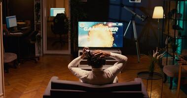 Gamer receiving game over screen, getting his spaceship destroyed in huge explosion while fliying in galaxy and fighting enemies. Player losing science fiction spacecraft singleplayer videogame photo
