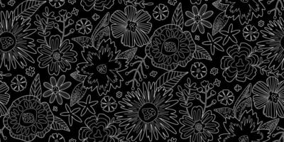 Floral Seamless Pattern of Flowers and Leaves in Line Art style, White Outline on Black Background. Wallpaper Design for Textiles, Papers, Prints, Beauty Products. vector