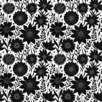 Half drop Floral Seamless Pattern of Fantasy Flower Field Drawing - White thin Line on a Black silhouette on White Backdrop. Wallpaper Design for Textiles, Papers, Prints, Fashion, Wrappings. vector