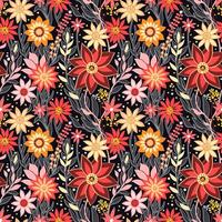 Flower Field in Autumn muted colors - Grey, Pink, Yellow, dark shade of Red on a Black Background. Seamless Pattern, Great for Textiles, Surfaces, Wallpapers, Wrapping papers, Fabrics. vector