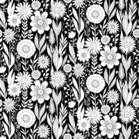 Half drop Floral Seamless Pattern of Fantasy Flower Field Drawing - black thin line on a white silhouette on a black background. Wallpaper Design for Textiles, Papers, Prints, Fashion, Wrappings. vector