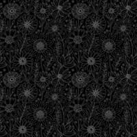 Floral Seamless Pattern of Fantasy Flowers in Line Art style, White Contour on Black Background. Wallpaper Design for Textiles, Fabrics, Papers, Prints, Beauty Products, Wrappings, Package Design. vector