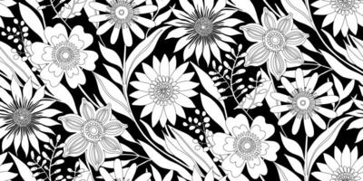Half drop Floral Seamless Pattern of Fantasy Flower Field - Black thin Line Drawing on a White silhouette on a Black Background. Wallpaper Design for Textiles, Papers, Prints, Fashion, Wrappings. vector