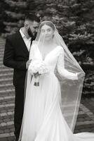 A bride and groom are standing on a brick walkway, with the bride wearing a veil and the groom holding a bouquet photo