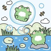 Cute frog play soap bubble on the stone in the river at jungle.Frog stay in bubble and dragonfly on sky background.Reptile animal character cartoon design.Kawaii.Illustration. vector
