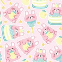 Seamless pattern of cute rabbit doll pastel in various poses with star background.Carrot.Rabbit head candy.Rabbit on cake.Animal character cartoon design.Kawaii.Illustration. vector
