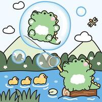 Cute crocodile play soap bubble on the wood with duck in the river at jungle.Crocodile stay in bubble and dragonfly on sky background.Reptile animal character cartoon design.Kawaii.Illustration vector