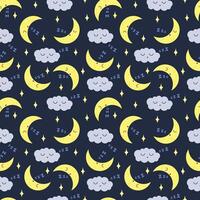 sleeping seamless pattern, the moon and clouds are sleeping against the background of the night sky with sparkling stars vector
