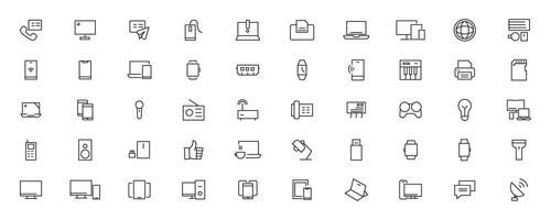 Device and technology line icon set. Electronic devices and gadgets, computer, equipment and electronics. Computer monitor, smartphone, tablet and laptop simple icon collections vector
