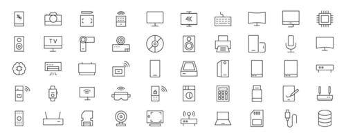 Device and technology line icon set. Electronic devices and gadgets, computer, equipment and electronics. Computer monitor, smartphone, tablet and laptop simple icon collections vector