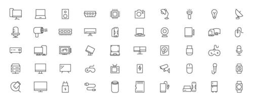 Device and technology line icon set. Electronic devices and gadgets, computer, equipment and electronics. Computer monitor, smartphone, tablet and laptop simple icon collections vector