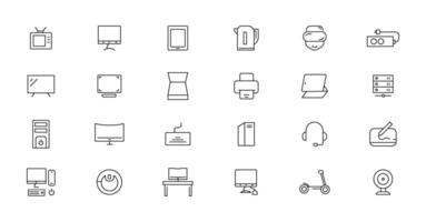 Device and technology line icon set. Electronic devices and gadgets, computer, equipment and electronics. Computer monitor, smartphone, tablet and laptop simple icon collections vector