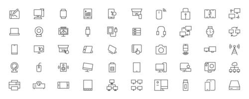 Device and technology line icon set. Electronic devices and gadgets, computer, equipment and electronics. Computer monitor, smartphone, tablet and laptop simple icon collections vector