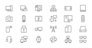 Device and technology line icon set. Electronic devices and gadgets, computer, equipment and electronics. Computer monitor, smartphone, tablet and laptop simple icon collections vector