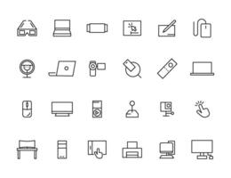 Device and technology line icon set. Electronic devices and gadgets, computer, equipment and electronics. Computer monitor, smartphone, tablet and laptop simple icon collections vector