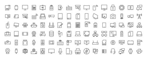 Device and technology line icon set. Electronic devices and gadgets, computer, equipment and electronics. Computer monitor, smartphone, tablet and laptop simple icon collections vector