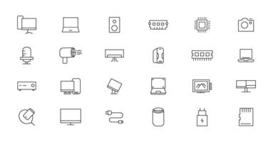 Device and technology line icon set. Electronic devices and gadgets, computer, equipment and electronics. Computer monitor, smartphone, tablet and laptop simple icon collections vector