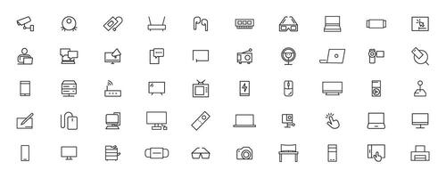 Device and technology line icon set. Electronic devices and gadgets, computer, equipment and electronics. Computer monitor, smartphone, tablet and laptop simple icon collections vector