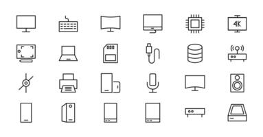 Device and technology line icon set. Electronic devices and gadgets, computer, equipment and electronics. Computer monitor, smartphone, tablet and laptop simple icon collections vector