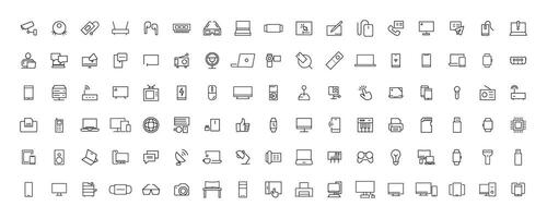 Device and technology line icon set. Electronic devices and gadgets, computer, equipment and electronics. Computer monitor, smartphone, tablet and laptop simple icon collections vector