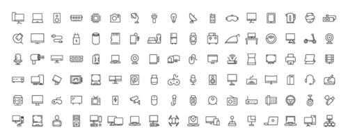Device and technology line icon set. Electronic devices and gadgets, computer, equipment and electronics. Computer monitor, smartphone, tablet and laptop simple icon collections vector