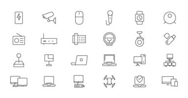 Device and technology line icon set. Electronic devices and gadgets, computer, equipment and electronics. Computer monitor, smartphone, tablet and laptop simple icon collections vector