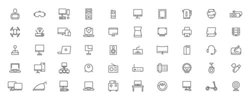 Device and technology line icon set. Electronic devices and gadgets, computer, equipment and electronics. Computer monitor, smartphone, tablet and laptop simple icon collections vector