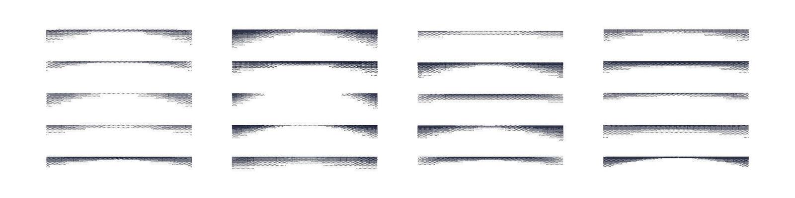 Set of grainy noise and stipple shadow dots with gradient edges. Flat illustration isolated on white background.