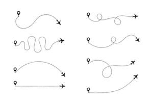 Airplane dotted route line set. Path travel line shapes. Flight route with start point and dash line trace for plane vector