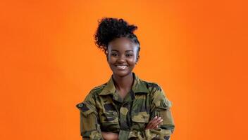 Smiling African American woman in military uniform against an orange background.Generated image photo