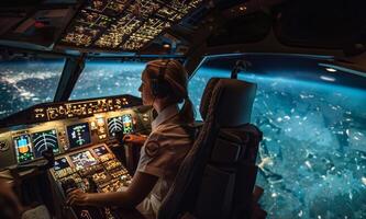 Female pilot operating an airplane from the cockpit.Generated image photo