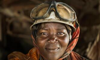 Smiling African woman miner in mining uniform.Generated image photo