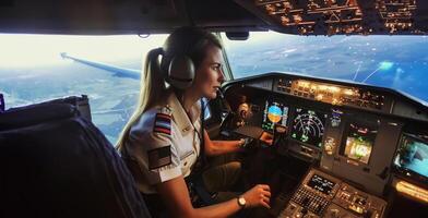 Female pilot operating an airplane from the cockpit.Generated image photo