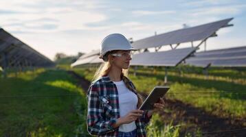 Beautiful female engineer wearing a white helmet and glasses monitoring solar panels on a tablet.Generated image photo